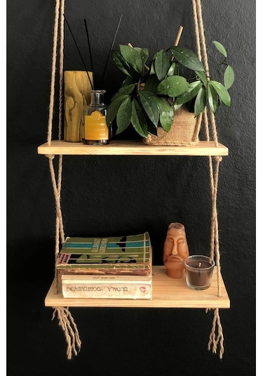 O&Awood 2 Katlı Ahşap Çiçeklik, Halatlı Doğal Ahşap Dekoratif Duvar Rafı,