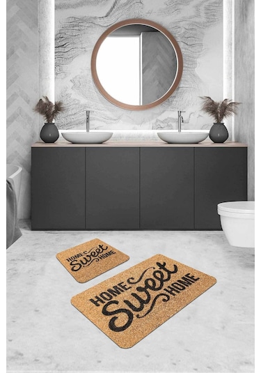 Bej Home Sweet Home Banyo Halısı Klozet Paspas Seti Bs315