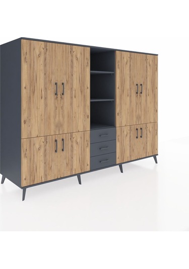 Kronos Dolap 11 Raflı 3 Çekmeceli 8 Kapaklı 220x59x163 Antrasit-ç Antrasit-çam/antrasit