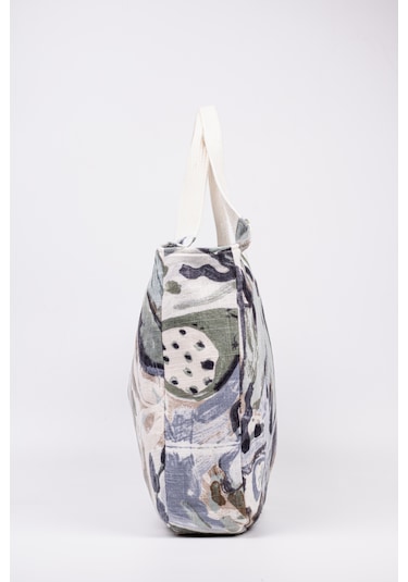 Fabric Craft Bag El Çanta Keten Desenli Yeşil Yeşil - Beyaz