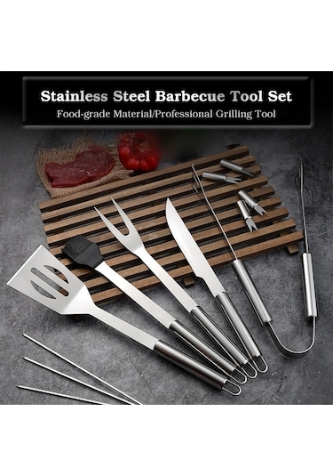 Pazly Barbekü Izgara Seti 9 Parçalı Paslanmaz Çelik Kombinasyon Gümüş Saklama Çantası Gümüş