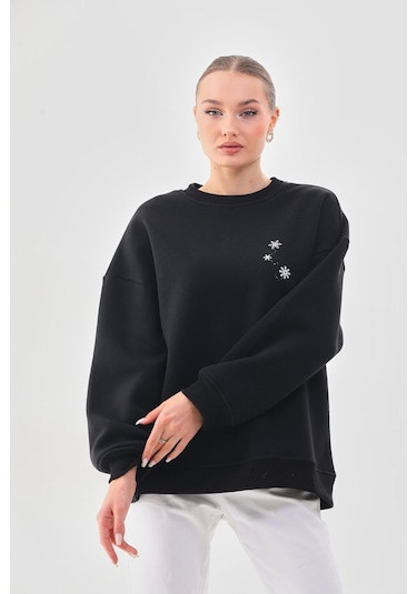 Kallima Oversize Baskılı İçi Polarlı Siyah Kadın Sweatshirt Siyah