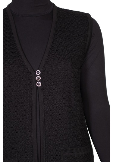 Alkım Kadın Sena Triko 3 Düğme Cepli Siyah Yelek Siyah