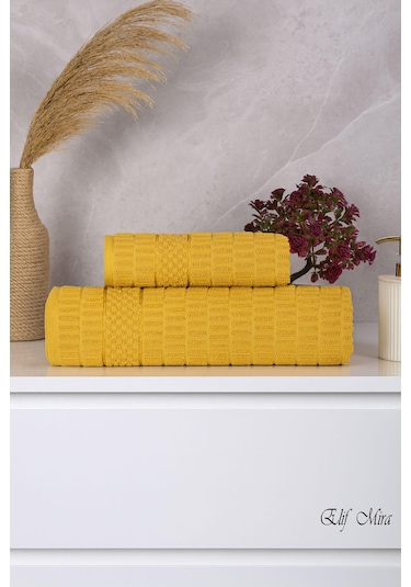 Banyo Havlu Seti %100 Pamuk 2 Parça 50 90 + 90 150 Cm Soft Comfort Sarı