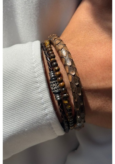 Doğal Taşlı Yılan Derisi Desenli El İşçiliği İle Üretilmiş Hakiki Deri Erkek Bileklik Koyu Kahve