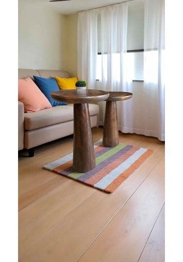 Rustik Ceviz Renk Ahşap Sehpa Seti Mantar Model 2 Li Yan Sehpa