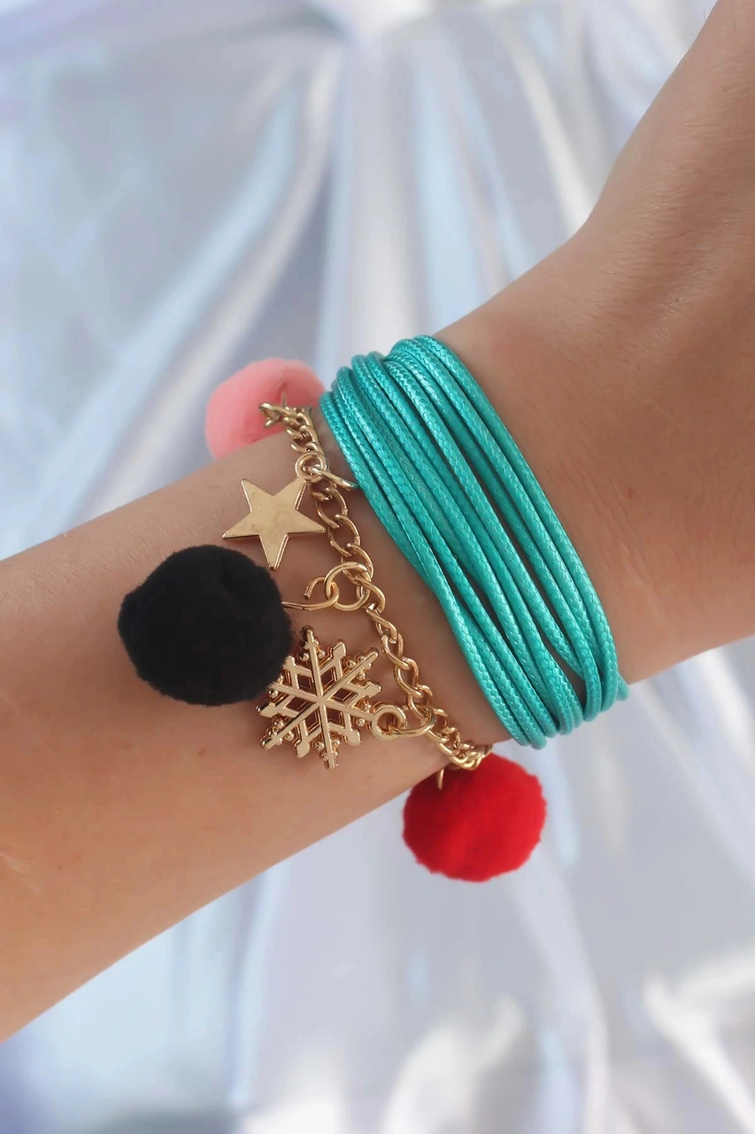 Dodes Turkuaz Renk Kar Tanesi Figür Zincir Detay İpli Çoklu Bileklik Tg27bb6346 Çok Renkli