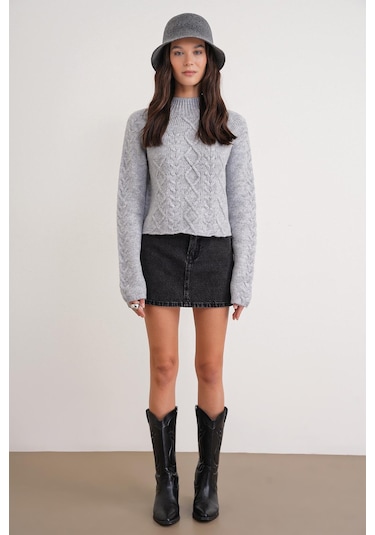 6855 Kadın Dik Yaka Saç Örgülü Triko Kazak Gri Gri