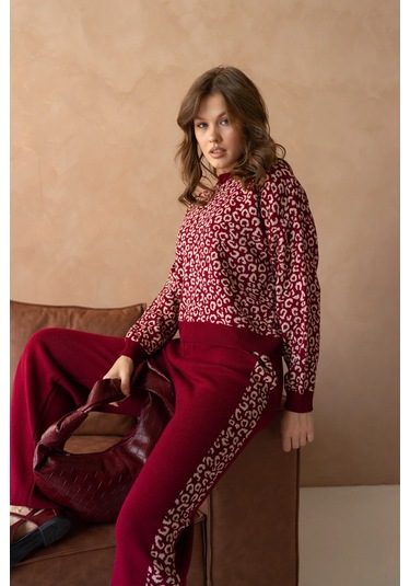 Kadın Geniş Yaka Desenli Kazak Pantolon İkili Triko Takım Bordo