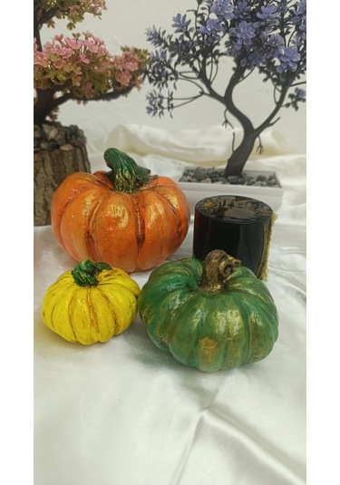 Artepieza Kabak Figürlü Dekor Seti Doğal Masa Süsleri-kabak & Mum Seti-biblo Dekoratif Set B. Boy Turuncu 10 cm