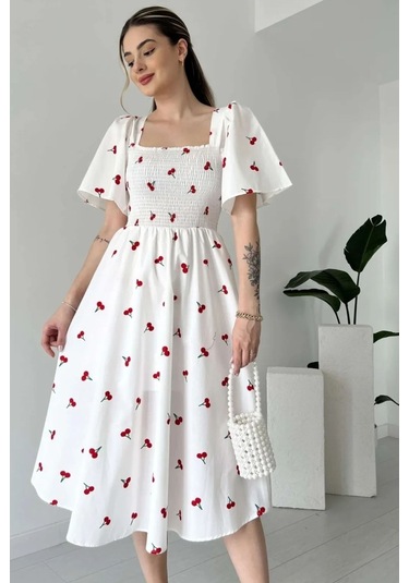 Gipeli Kemerli Kare Yaka Elbise Uzun Poplin Elbise Beyaz