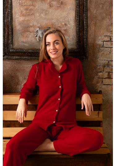 Lukitus Gömlek Yaka Peluş Polar Kadın Pijama Takımı - Kırmızı
