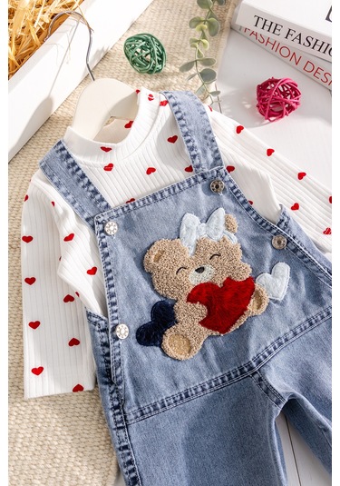 Babymod Ayıcık Figürlü Denim 2'li Kız Bebek Kot Salopet Tulum Mavi