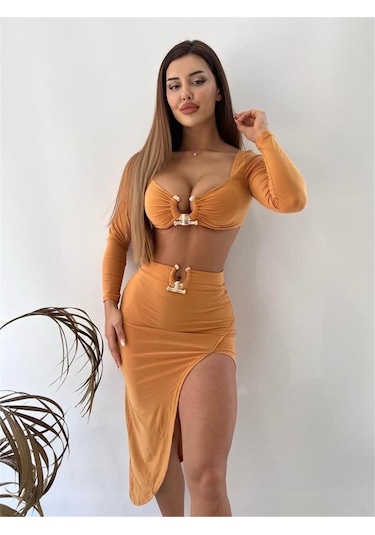 Hardal Sandy Kumaş Tokalı Uzun Kollu İkili Takım Hardal