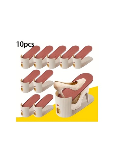 Fochsia Fildişi Beyaz Ve Kırmızı-kahverengi 10 Adet Katlanır Ayakkabı Askılığı, Dikey Çizgili, Altın Halkalı, Şık Ve Tasarruflu. Fildişi Beyazı Taban + Kahverengi-kırmızı İnsert