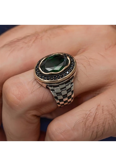 Oval Yeşil Taşlı Kordon Modeli 925 Gümüş Erkek Yüzük Beyaz