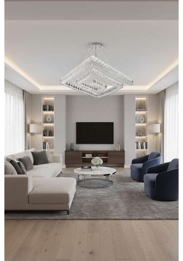 Lotus Kristal Taşlı Ledli Krom Avize