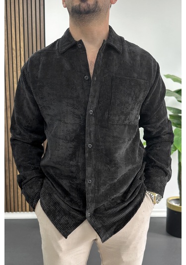 Erkek Kadife Kumaş Gömlek Siyah Edw415 Siyah