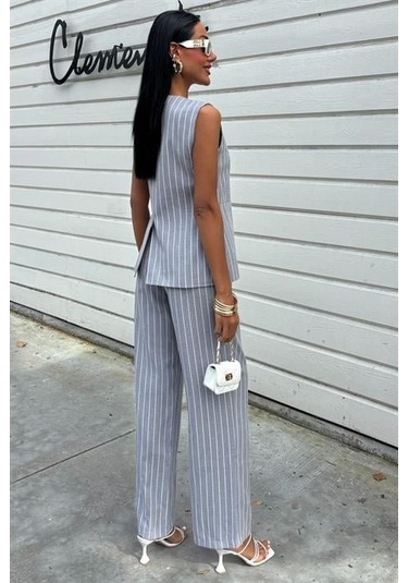 Çizgili Viscon Keten Yelekli Rahat Takım 10121 Gri