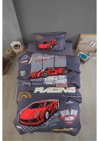 Clasy Ranforce %100 Pamuk Tek Kişilik Yatak Örtüsü Seti Racing Team V1 Mavi