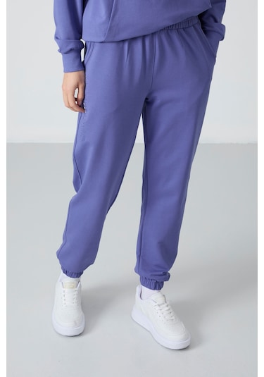 Tommy Life Eflatun Kapüşonlu Kanguru Cep Oversize Lastik Paça Kadın Eşofman Takımı - 95288 Mor