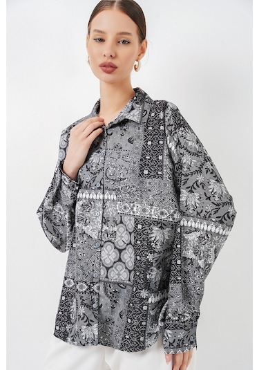Bigdart Kadın Oversize Desenli Saten Gömlek 20365 - Antrasit