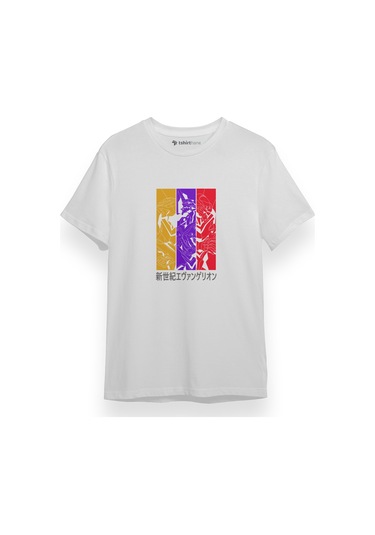 Neon Genesis Evangelion Colorful Poster Beyaz Kısa Kol Erkek Tshirt 001