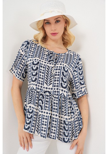 Kadın Desenli Kısa Kol Bluz 969 - İndigo Indigo