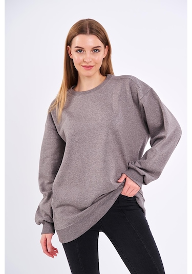 Comeor Kahve Kadın Pamuklu Oversize Basic Bisiklet Yaka Sweatshirt 001