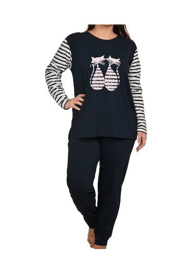 Kadın Pijama Takımı Uzun Kollu Cepli Pamuk Likralı Laci 96387 R12 Lacivert