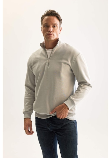 DeFacto Gri 3 İplik Pamuklu Şardonlu İçi Polarlı Comfort Regular Fit Rahat Kalıp Dik Yaka Fermuarlı Kalın Sweatshirt D9067AXNSGR253