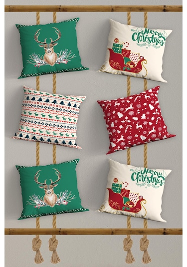 Belle Benoit Yılbaşı Baskılı Dekoratif 6'lı Koltuk Kırlent Kılıfı Yeşil - Kırmızı