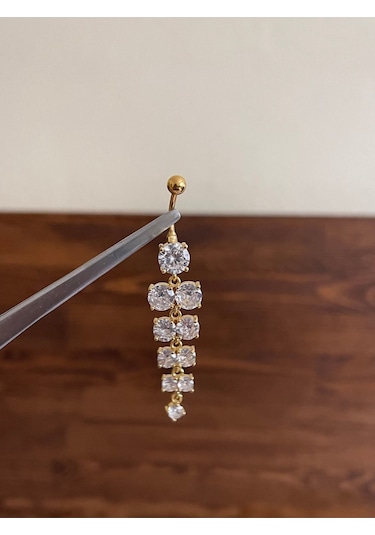 316 L Cerrahi Çelik Göbek Piercingi Pırlanta Model Göbek Piecingi Gold