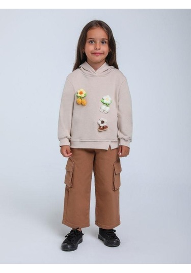 Kız Çocuk Çiçek Örgü Detaylı Kapüşonlu Sweatshirt-14306 Bej