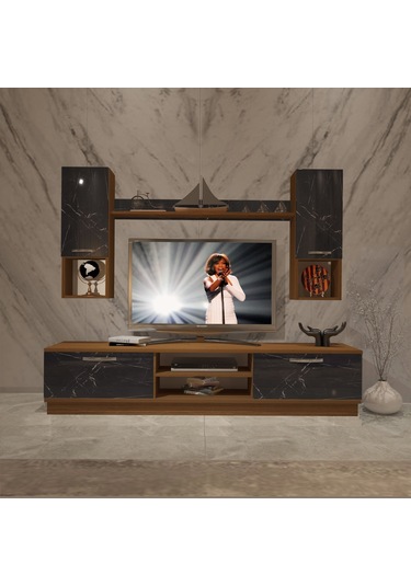 Decoraktiv Eko 5dab Mdf Dvd Tv Ünitesi Tv Sehpası Ceviz - Siyah Mermer