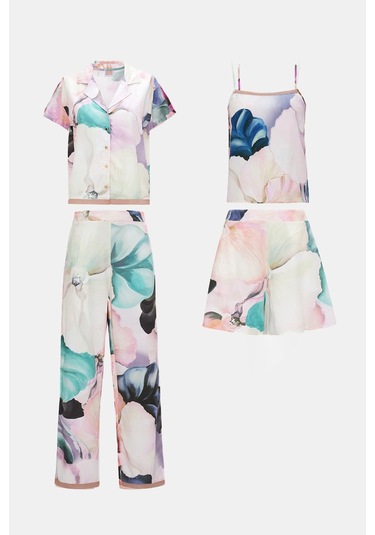 Paradise Çiçek Desenli 4'lü Dokuma Viskon Önden Düğmeli Pijama Takım Seti Desenli