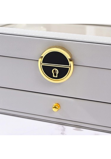 Dışı Deri İçi Kadife Kilitli Çekmeceli Takı Bijuteri Mücevher Kutusu Organizer Düzenleyici Gri İthal