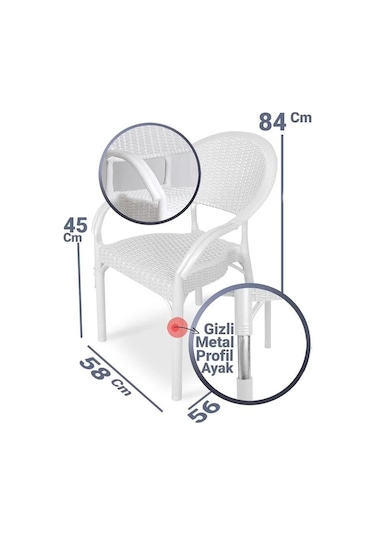 Omnipazar Irk-hk735 Bambu Rattan Desenli Plastik Bahçe Sandalye Koltuk 4'lü Set Beyaz