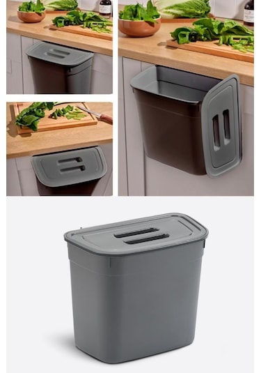 Flosoft Dolap İçi Kapaklı Asılabilir Çöp Kovası, Dolap Kapağı Askılı Çöp Kutusu Füme 7 Litre Füme