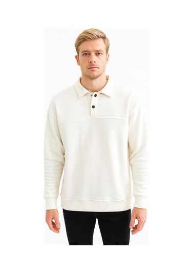 Classics Men Erkek Oversize Uzun Kol Polo Yaka Sweatshırt-7100 Beyaz