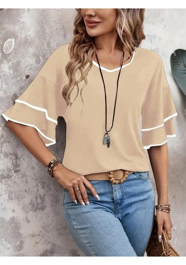Modasize Kadın Kısa Kollu V Yakalı Viskon Bluz Bej