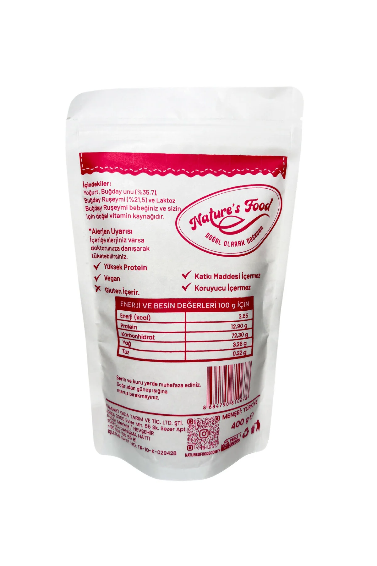 Klasik Bebek Tarhanası 400 Gr Yoğurt %42,8 , Buğday Unu %35,7 , Buğday Ruşeymi %21,5 .