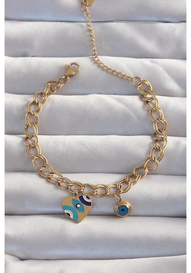 316l Çelik Gold Renk Nazarlı Kalp Model Zincir Bileklik - Tj-bb6227 Gümüş