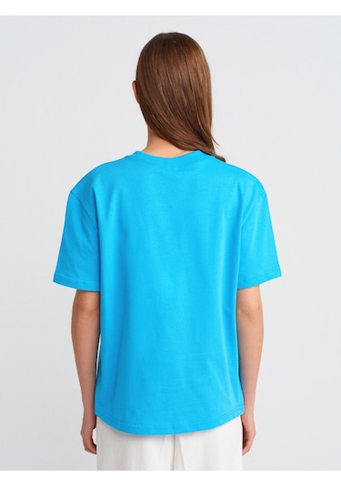 Dilvin 30312 Dekoratif Dikişli Bisiklet Yaka Tshirt-turkuaz Turkuaz