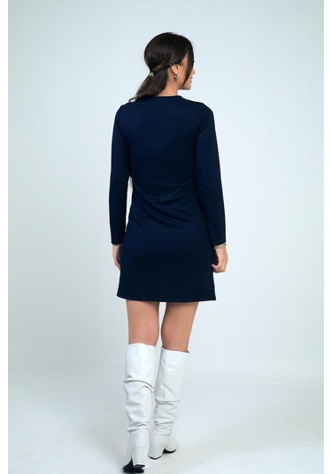 Kadın Çıtçıtlı Kısa Elbise-41798 Lacivert