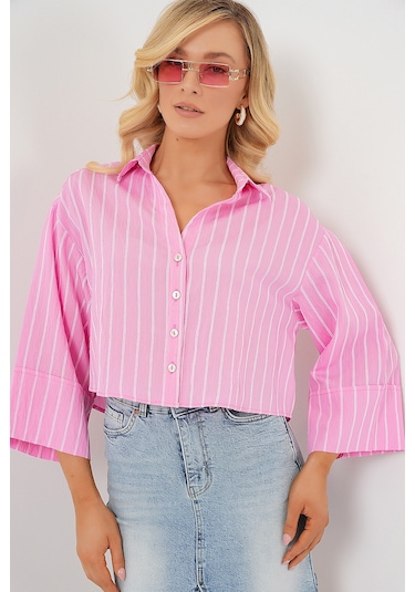 Bigdart Kadın Çizgili Oversize Kısa Gömlek 20326 - Pembe