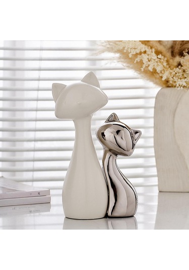 Homyl Şömine Masası Ofisi Için 2 Parça Kedi Heykeli Seramik Küçük