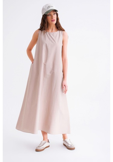 4690 Kadın Bisiklet Yaka Sıfır Kol Midi Paraşüt Elbise Taş Taş