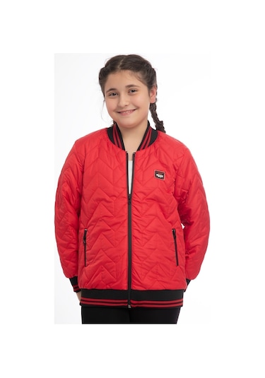 Kız Çocuk Kırmızı Kolej Yaka İçi Astarlı Su Ve Rüzgar Geçirmez Fermuarlı Cep Mont Kırmızı