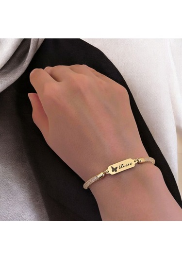 Archin Buse İsmine Özel 14 Ayar Altın Plakalı Hasır Kordonlu Kelebek Motifli Hediye Bileklik-647isim Buse